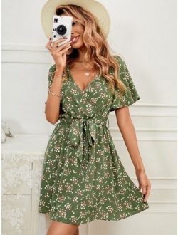 Allover Floral Surplice Neck Butterfly Sleeve Belted Dress