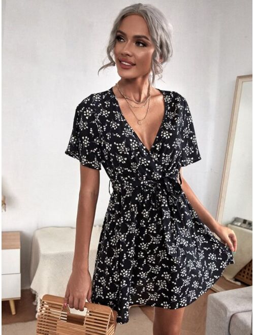 Shein Allover Floral Surplice Neck Butterfly Sleeve Belted Dress