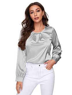 Women Elegant Pleated Crew Neck Bishop Sleeve Work Blouse Solid Top