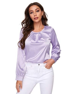 Women Elegant Pleated Crew Neck Bishop Sleeve Work Blouse Solid Top