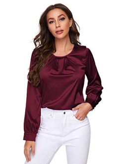 Women Elegant Pleated Crew Neck Bishop Sleeve Work Blouse Solid Top