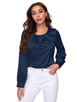 Women Elegant Pleated Crew Neck Bishop Sleeve Work Blouse Solid Top