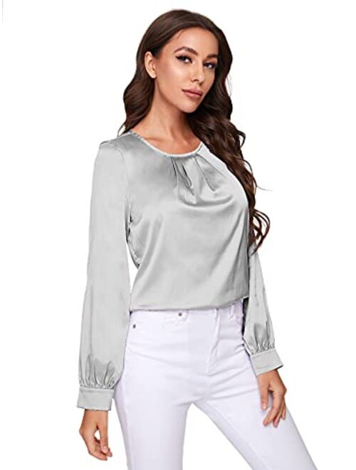 Milumia Women Elegant Pleated Crew Neck Bishop Sleeve Work Blouse Solid Top