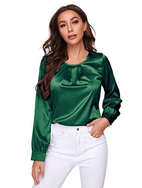 Milumia Women Elegant Pleated Crew Neck Bishop Sleeve Work Blouse Solid Top