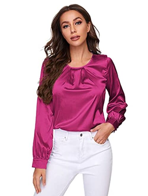 Milumia Women Elegant Pleated Crew Neck Bishop Sleeve Work Blouse Solid Top