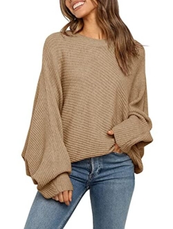 Mafulus Women's Oversized Crewneck Sweater Batwing Puff Long Sleeve Cable Slouchy Pullover Jumper Tops