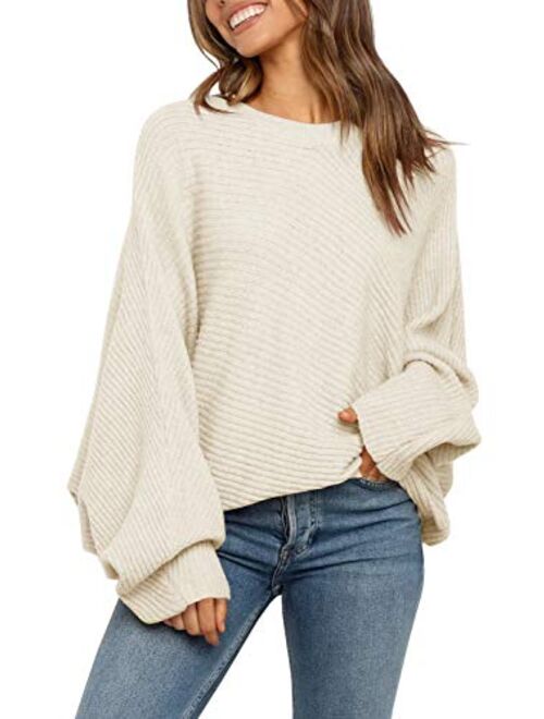 Mafulus Women's Oversized Crewneck Sweater Batwing Puff Long Sleeve Cable Slouchy Pullover Jumper Tops