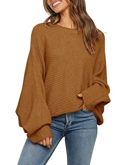 Mafulus Women's Oversized Crewneck Sweater Batwing Puff Long Sleeve Cable Slouchy Pullover Jumper Tops