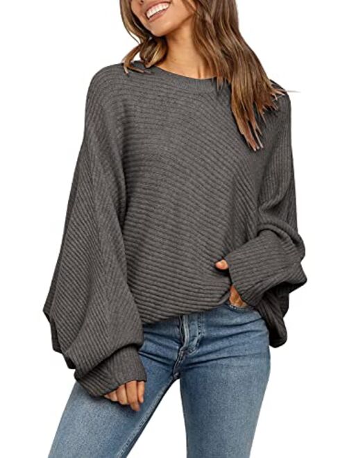 Mafulus Women's Oversized Crewneck Sweater Batwing Puff Long Sleeve Cable Slouchy Pullover Jumper Tops