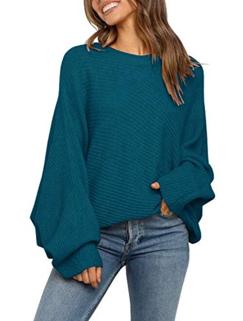 Mafulus Women's Oversized Crewneck Sweater Batwing Puff Long Sleeve Cable Slouchy Pullover Jumper Tops