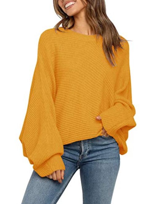 Mafulus Women's Oversized Crewneck Sweater Batwing Puff Long Sleeve Cable Slouchy Pullover Jumper Tops