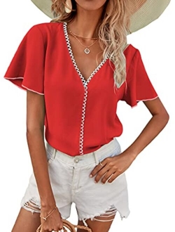 Women's Casual V Neck Butterfly Sleeve Solid Blouse Shirt Top