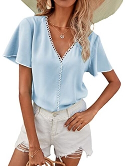 Women's Casual V Neck Butterfly Sleeve Solid Blouse Shirt Top