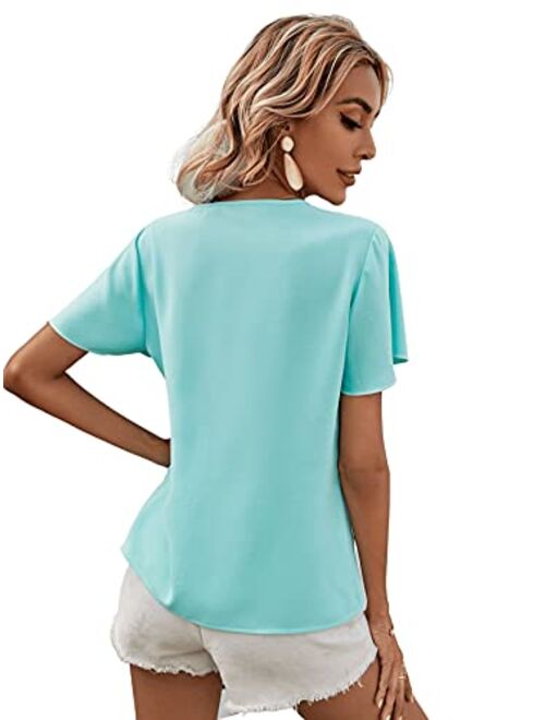 Milumia Women's Casual V Neck Butterfly Sleeve Solid Blouse Shirt Top