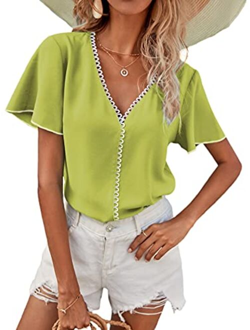 Milumia Women's Casual V Neck Butterfly Sleeve Solid Blouse Shirt Top