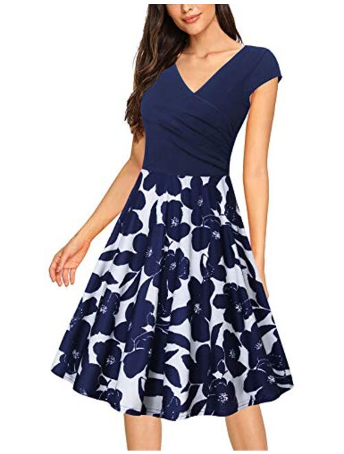 Messic Women's V Neck Dress Cap Sleeve Elegant Flared A-Line Dresses