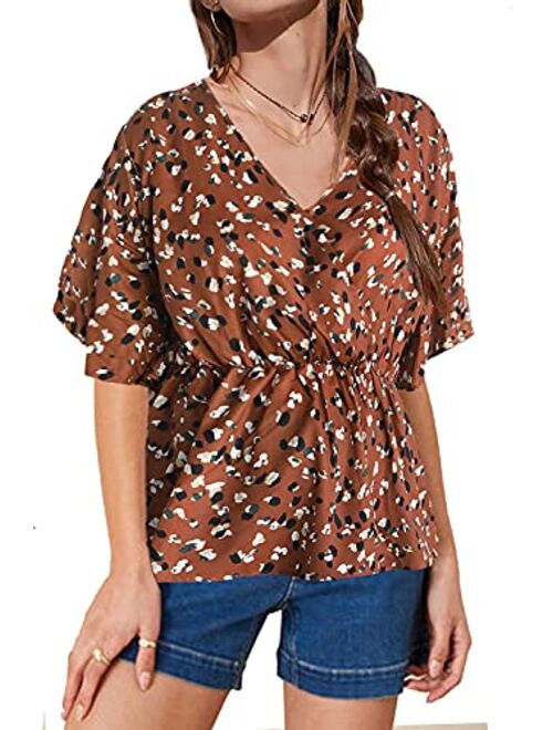 Yukiwi Womens Kimono Flare Sleeve Blouse Tops V Neck Wrap Elastic Waist Casual Boho Blouse