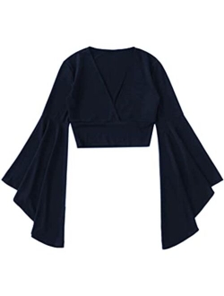 Women's V Neck Long Bell Sleeve Wrap Blouse Top Tee Shirts