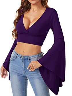 Women's V Neck Long Bell Sleeve Wrap Blouse Top Tee Shirts