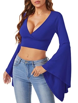 Women's V Neck Long Bell Sleeve Wrap Blouse Top Tee Shirts