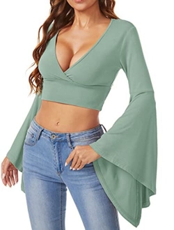 Women's V Neck Long Bell Sleeve Wrap Blouse Top Tee Shirts