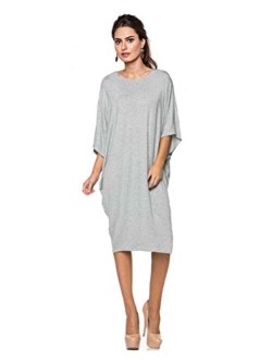 Tabeez Women's Oversized Jersey Shift Knee Length Loose Midi Dress with Kimono Sleeves