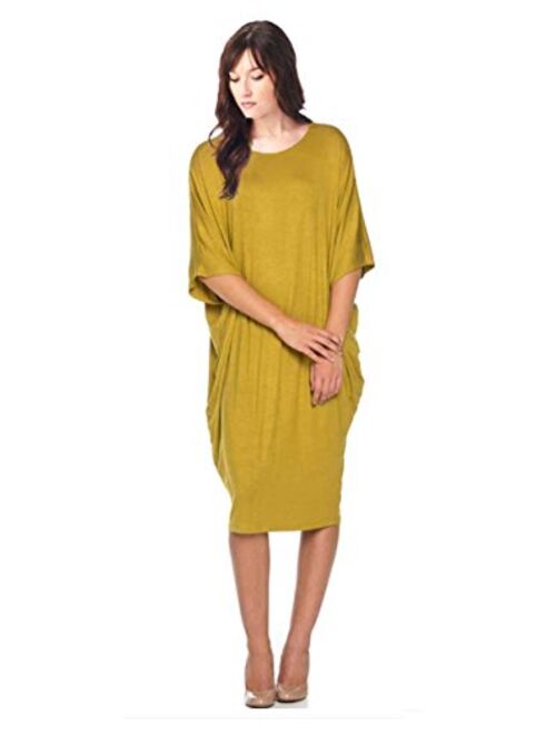 Tabeez Women's Oversized Jersey Shift Knee Length Loose Midi Dress with Kimono Sleeves