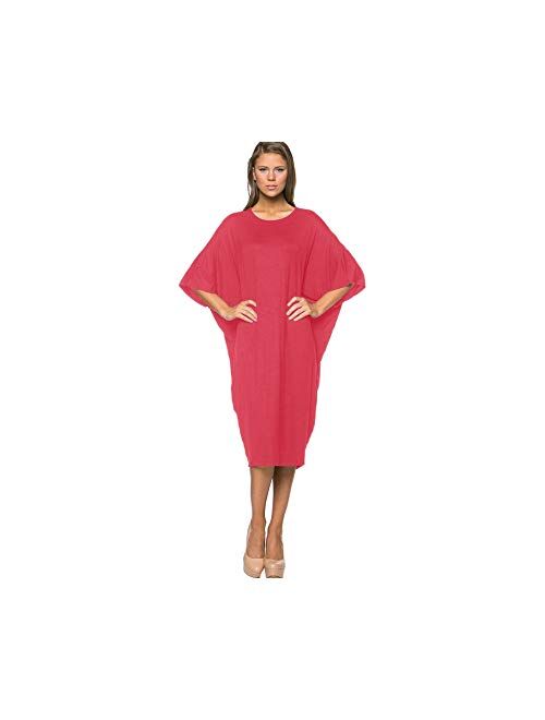 Tabeez Women's Oversized Jersey Shift Knee Length Loose Midi Dress with Kimono Sleeves