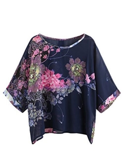 Women's Florals Batwing Sleeve Button Back Chiffon Blouse