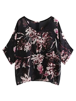 Women's Florals Batwing Sleeve Button Back Chiffon Blouse