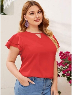 Plus Keyhole Neck Layered Flutter Sleeve Top