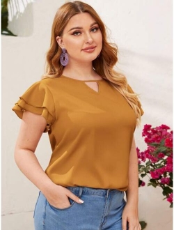 Plus Keyhole Neck Layered Flutter Sleeve Top