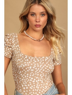 Oh Darling Black and Tan Dot Print Puff Sleeve Top