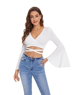 Women's Surplice V-Neck Long Bell Sleeve Wrap Tie Back Crop Top Blouse