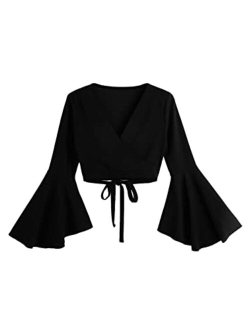 Women's Surplice V-Neck Long Bell Sleeve Wrap Tie Back Crop Top Blouse