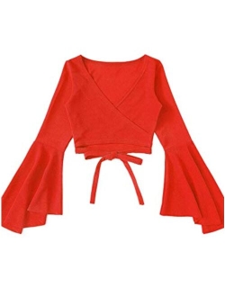 Women's Surplice V-Neck Long Bell Sleeve Wrap Tie Back Crop Top Blouse