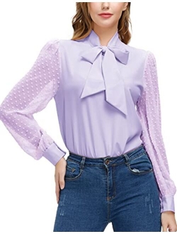 Womens Bow Tie Long Sleeve Blouse Swiss Dot Shirts Office Tops