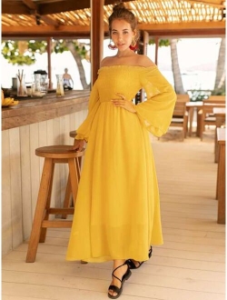 Off Shoulder Shirred Bell Sleeve Dress