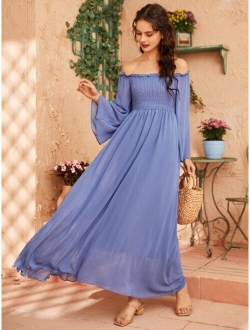 Off Shoulder Shirred Bell Sleeve Dress