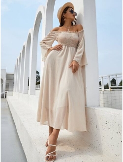 Off Shoulder Shirred Bell Sleeve Dress