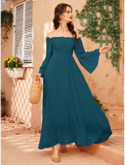 Off Shoulder Shirred Bell Sleeve Dress