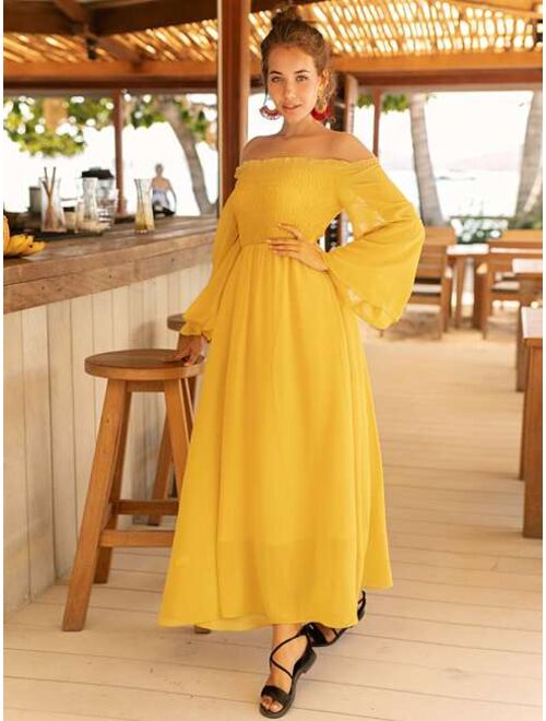 Shein Off Shoulder Shirred Bell Sleeve Dress