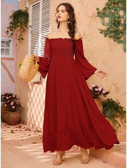 Shein Off Shoulder Shirred Bell Sleeve Dress