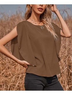 Abyoxi Brown Slit Cape-Sleeve Swing Top - Women