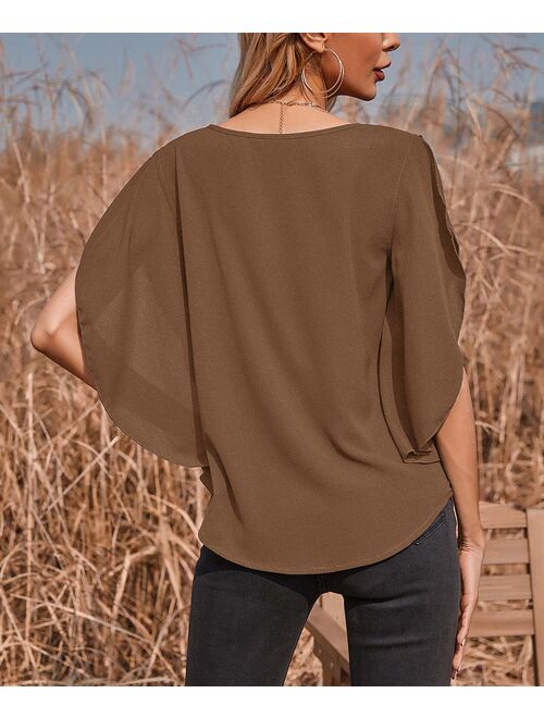 Abyoxi Brown Slit Cape-Sleeve Swing Top - Women