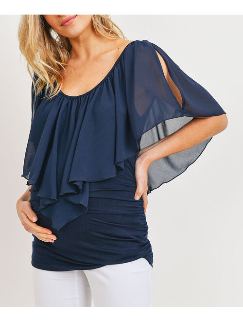 Hello Miz Maternity Navy Cape-Sleeve Chiffon Maternity Scoop Neck Top