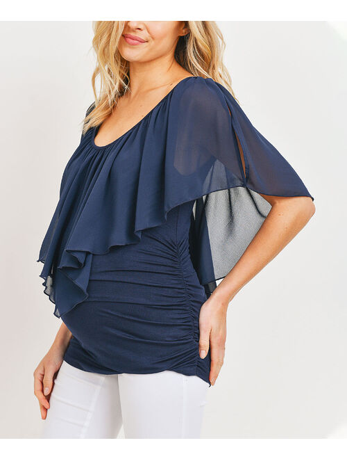 Hello Miz Maternity Navy Cape-Sleeve Chiffon Maternity Scoop Neck Top