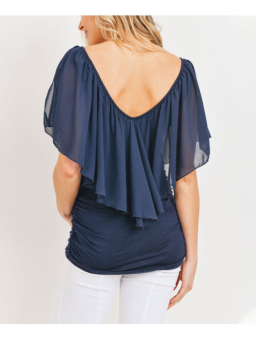 Hello Miz Maternity Navy Cape-Sleeve Chiffon Maternity Scoop Neck Top