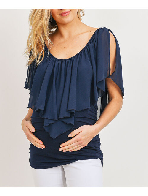 Hello Miz Maternity Navy Cape-Sleeve Chiffon Maternity Scoop Neck Top