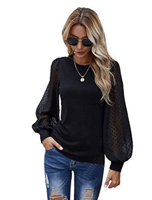 SheIn Women's Sheer Mesh Dobby Bishop Long Sleeve Tops Crewneck Solid Tee Shirt